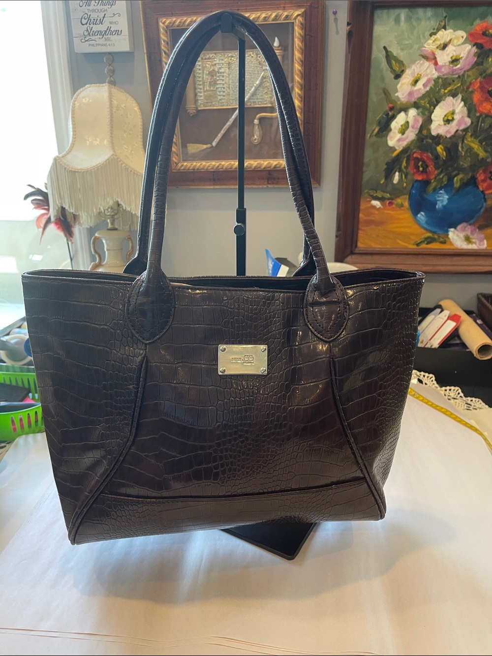 Nine & Co. Dark Brown Croc-Embossed Tote with Silver Logo Plate